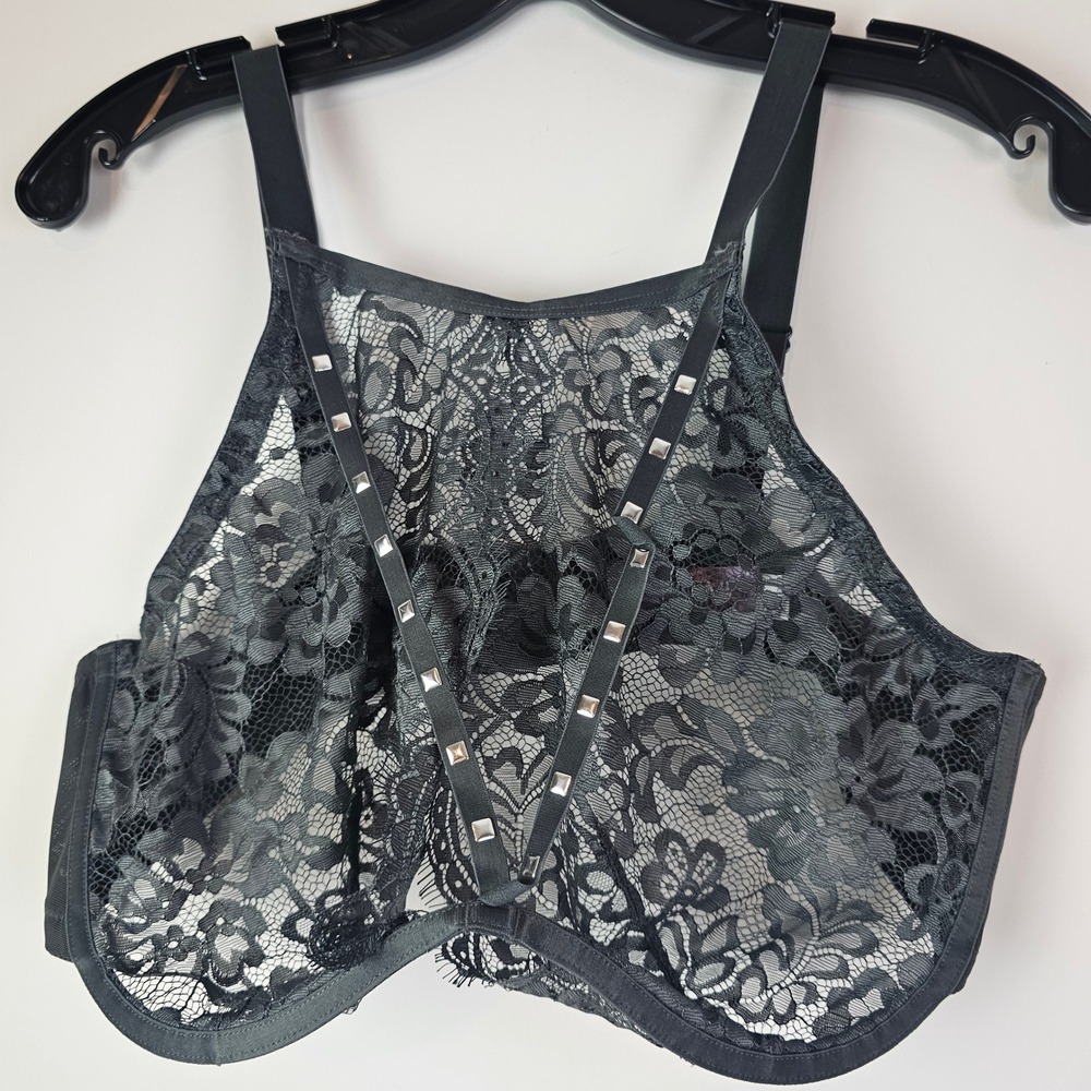 Adore Me Black Floral Lace Studded High Neck Bralette Bra 40DDD